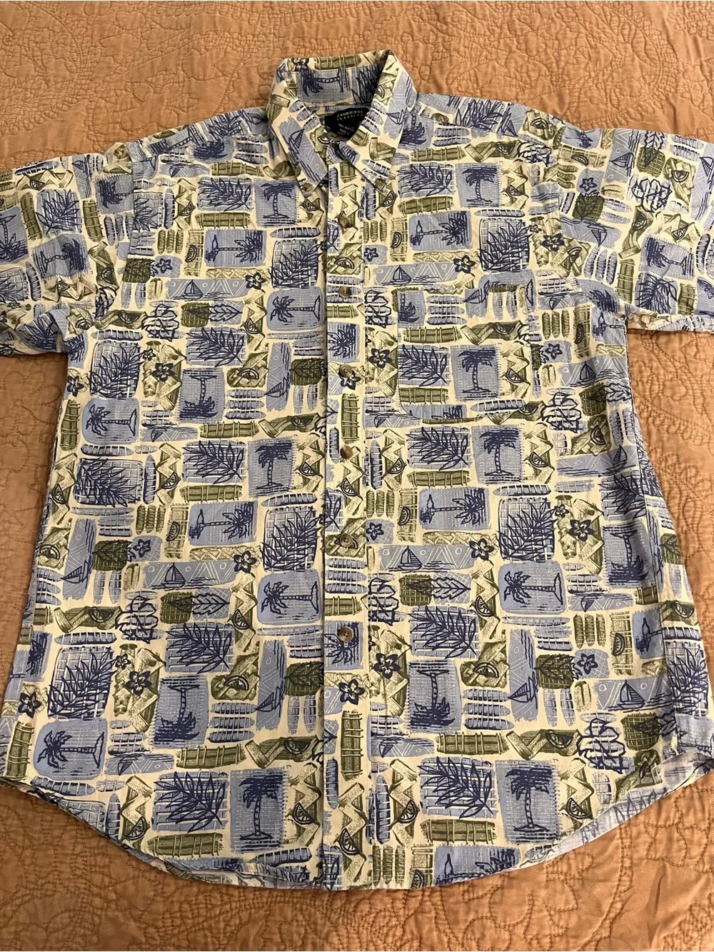Men's 100% Cotton Short-Sleeve Button-Down Shirt Blue Green Hawaiian Beach‎